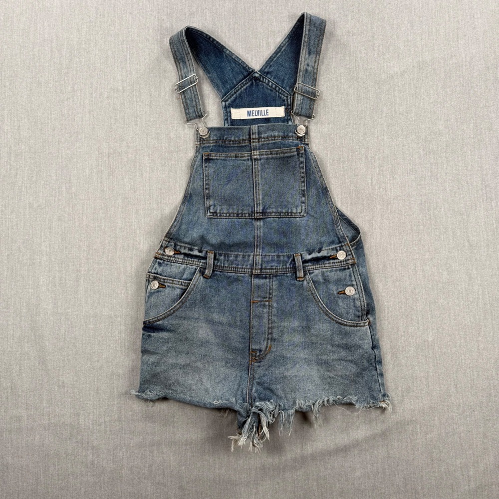 Melville Womens Denim Shortalls Medium Wash Raw Hem Overalls Size S 829SP155005B